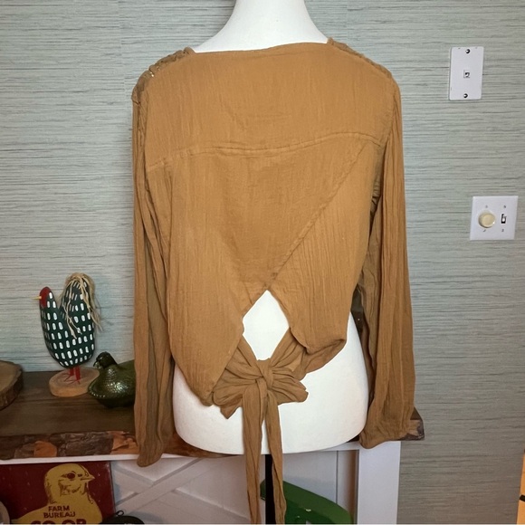 FREE PEOPLE Brown Tie Waist Lace Top Women’s Size XL Boho Crochet Cotton - Picture 5 of 8